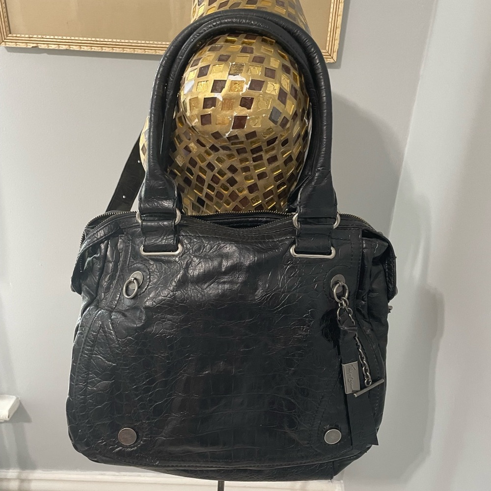 Foley + Corrina Black Croco Print Leather Shoulder Bag